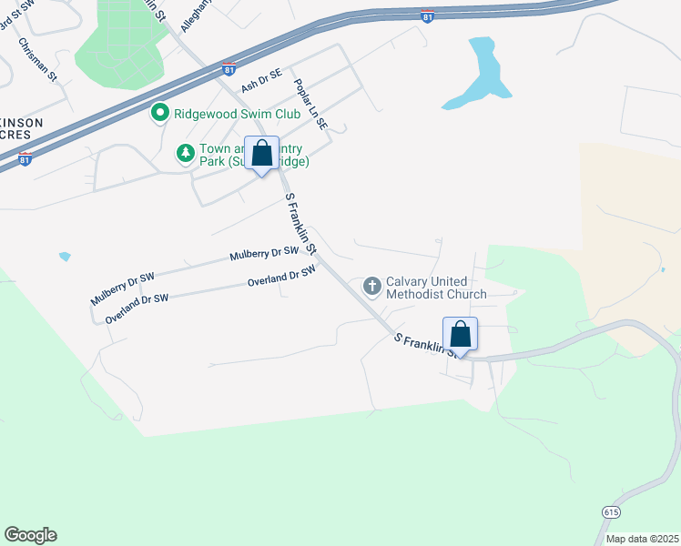 map of restaurants, bars, coffee shops, grocery stores, and more near 1480 South Franklin Street in Christiansburg
