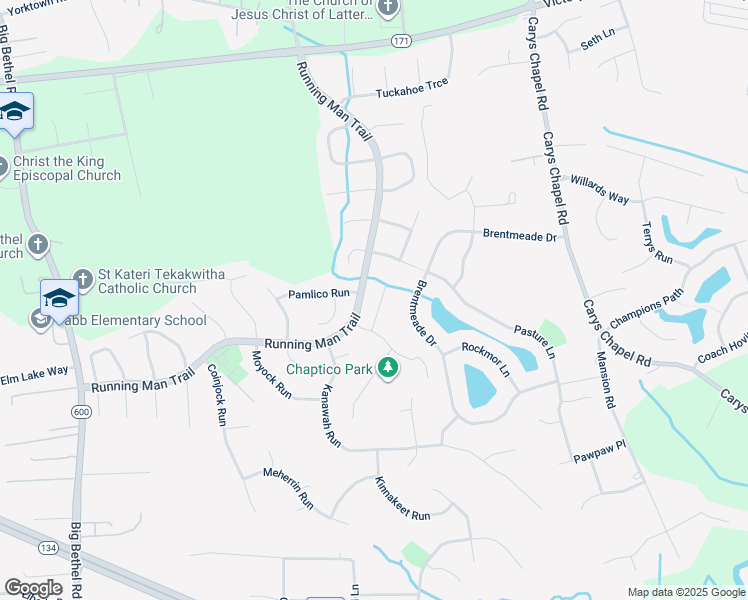 map of restaurants, bars, coffee shops, grocery stores, and more near 107 Atoka Turn in Yorktown