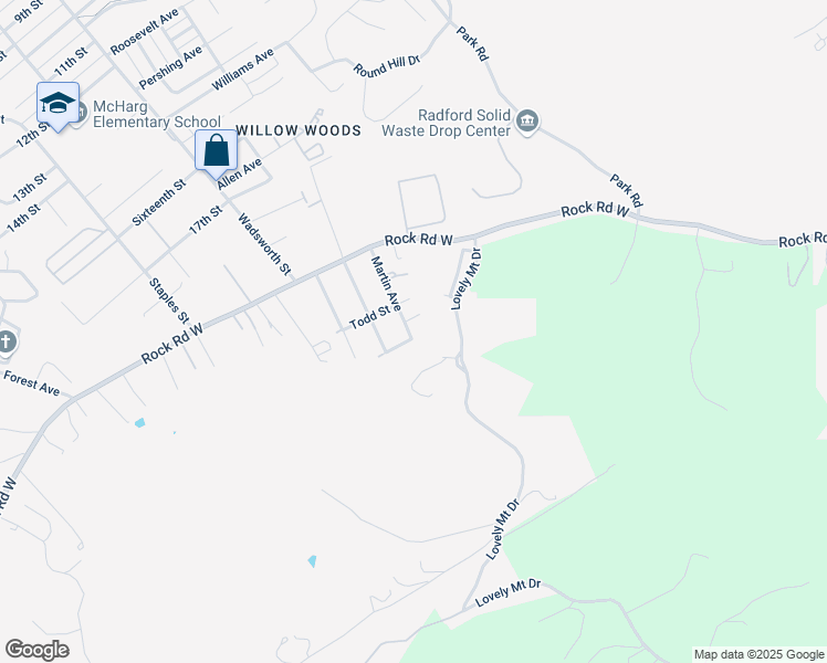 map of restaurants, bars, coffee shops, grocery stores, and more near 1907 Martin Ave in Radford
