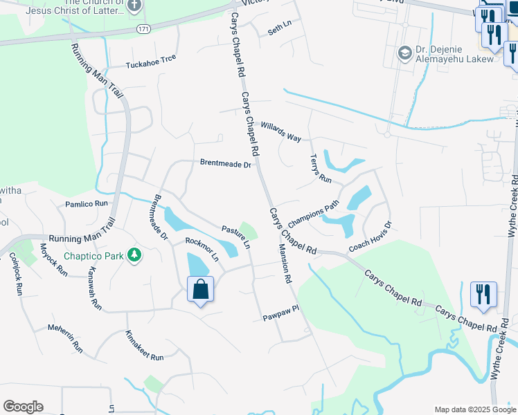 map of restaurants, bars, coffee shops, grocery stores, and more near 1005 Carys Chapel Rd in Yorktown