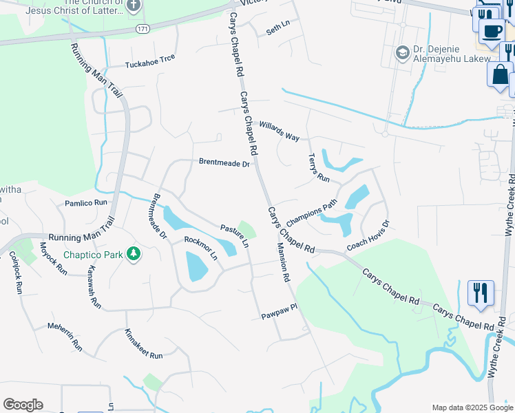 map of restaurants, bars, coffee shops, grocery stores, and more near 1005 Carys Chapel Rd in Yorktown