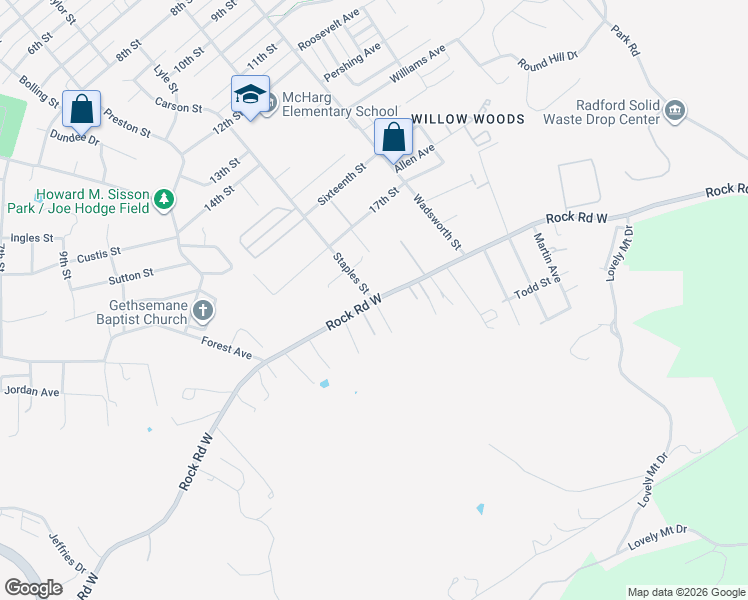 map of restaurants, bars, coffee shops, grocery stores, and more near 600 Rock Road West in Radford
