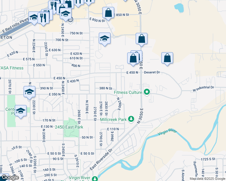map of restaurants, bars, coffee shops, grocery stores, and more near 2880 East 380 North in St. George