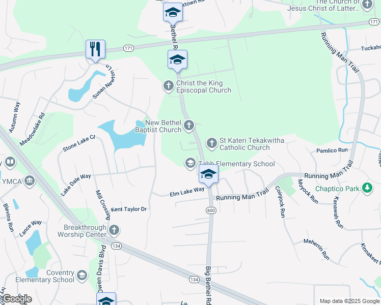 map of restaurants, bars, coffee shops, grocery stores, and more near 3807 Big Bethel Road in Yorktown