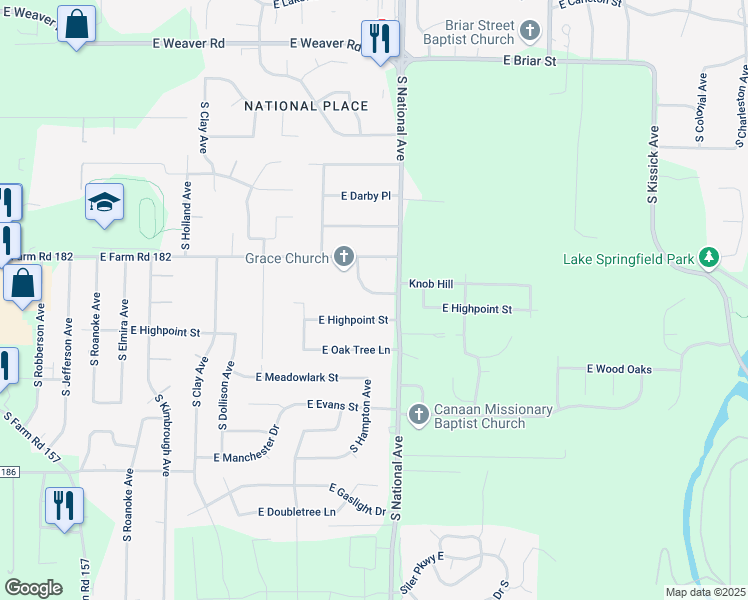 map of restaurants, bars, coffee shops, grocery stores, and more near 1129 East Highpoint Street in Springfield