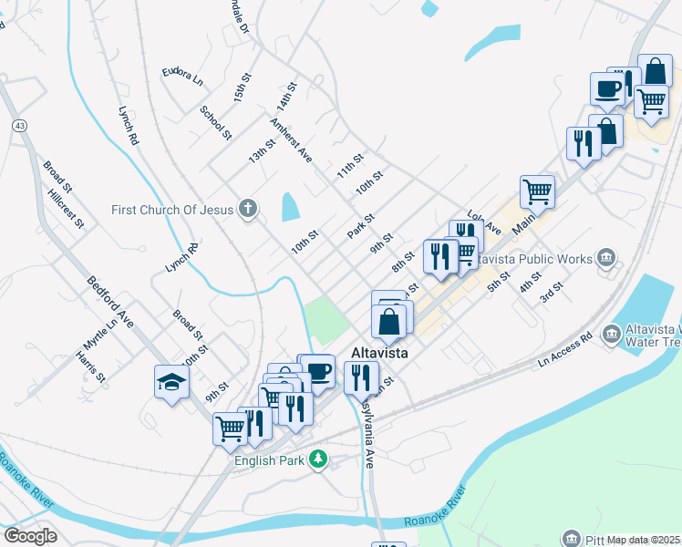 map of restaurants, bars, coffee shops, grocery stores, and more near 810 9th Street in Altavista