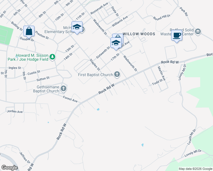 map of restaurants, bars, coffee shops, grocery stores, and more near 600-652 Rock Road West in Radford