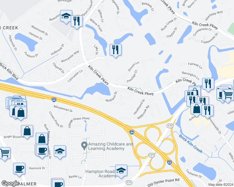 map of restaurants, bars, coffee shops, grocery stores, and more near 920 Nicklaus Drive in Newport News