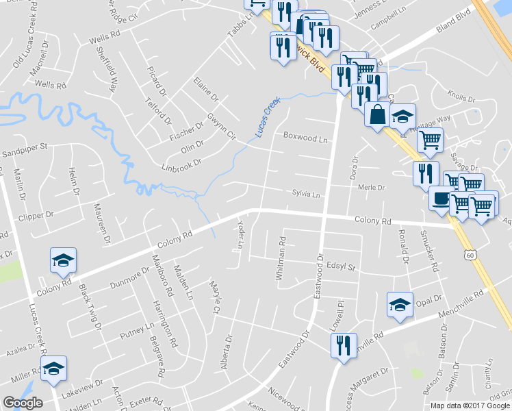 map of restaurants, bars, coffee shops, grocery stores, and more near 212 Colony Road in Newport News