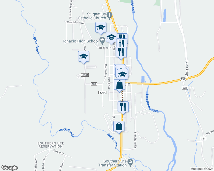 map of restaurants, bars, coffee shops, grocery stores, and more near 355 Empire Street in Ignacio