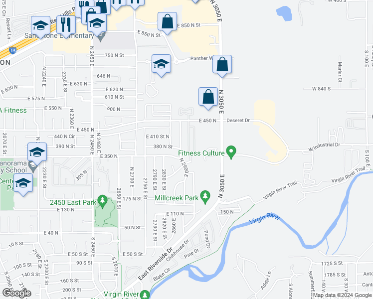 map of restaurants, bars, coffee shops, grocery stores, and more near 2930 East 450 North in St. George