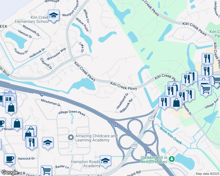map of restaurants, bars, coffee shops, grocery stores, and more near 718 Casper Lane in Newport News