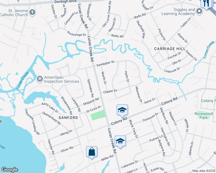 map of restaurants, bars, coffee shops, grocery stores, and more near 506 Lucas Creek Road in Newport News