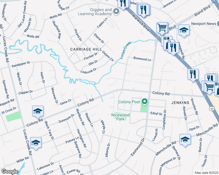 map of restaurants, bars, coffee shops, grocery stores, and more near 215 Goode Drive in Newport News