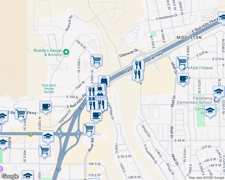 map of restaurants, bars, coffee shops, grocery stores, and more near 372 North Crest Line Circle in St. George