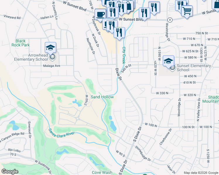 map of restaurants, bars, coffee shops, grocery stores, and more near 1921 West 390 North in St. George