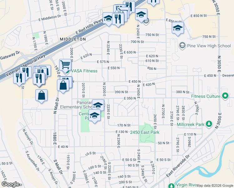 map of restaurants, bars, coffee shops, grocery stores, and more near 2292 East 390 North in St. George