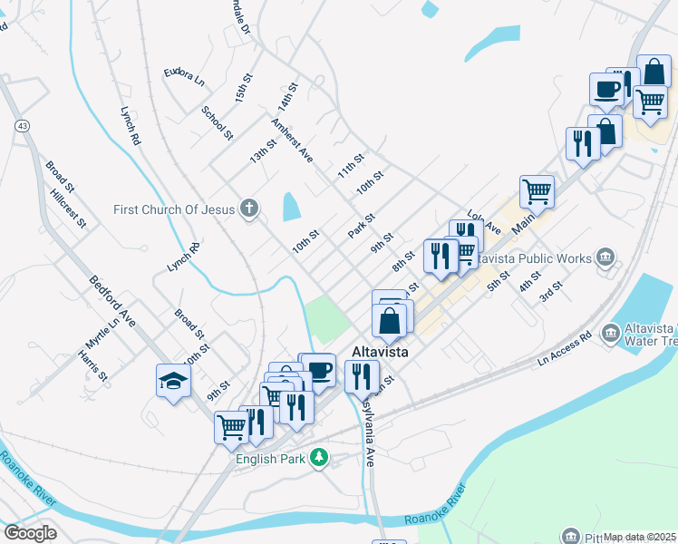 map of restaurants, bars, coffee shops, grocery stores, and more near 810 9th Street in Altavista