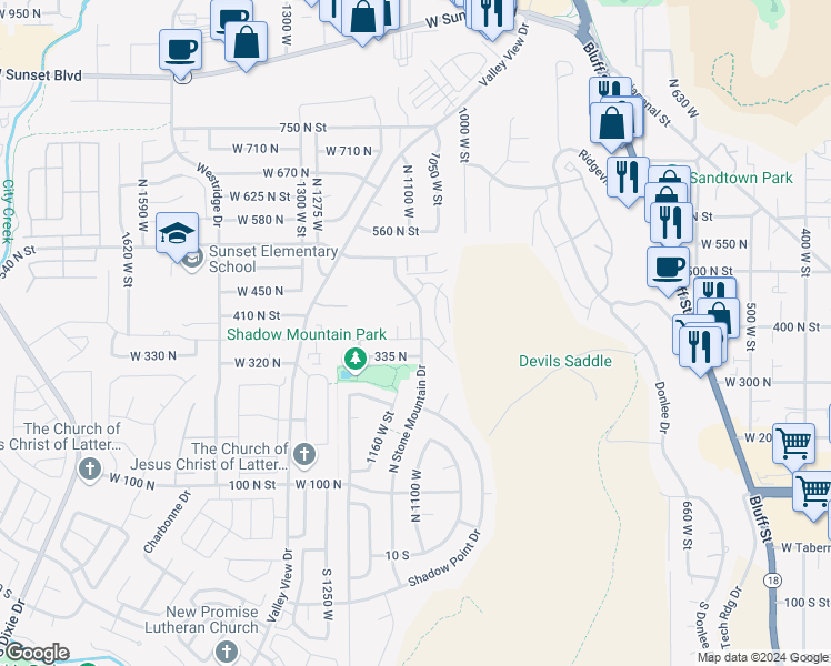 map of restaurants, bars, coffee shops, grocery stores, and more near 1120 West 360 North in St. George