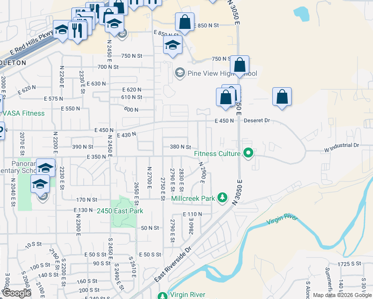 map of restaurants, bars, coffee shops, grocery stores, and more near 361 North 2900 East in St. George