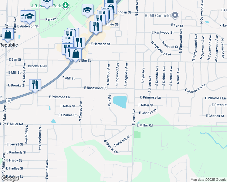 map of restaurants, bars, coffee shops, grocery stores, and more near Park Rd in Republic