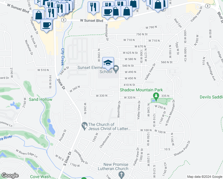 map of restaurants, bars, coffee shops, grocery stores, and more near 1504 West 360 North in St. George