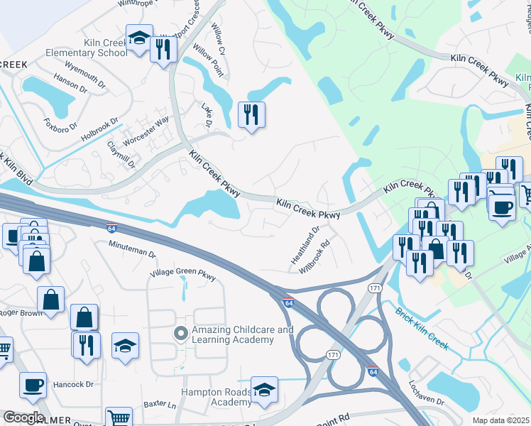 map of restaurants, bars, coffee shops, grocery stores, and more near 906 Nicklaus Drive in Newport News