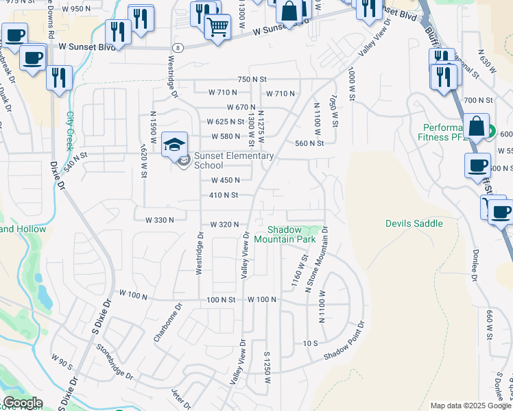 map of restaurants, bars, coffee shops, grocery stores, and more near 1315 West 360 North in St. George