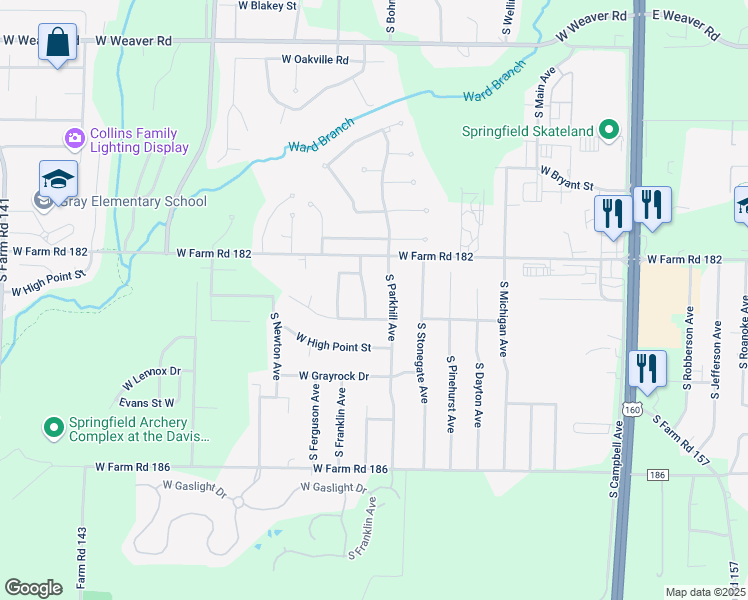 map of restaurants, bars, coffee shops, grocery stores, and more near 1001-1263 West Pheasant Run Street in Springfield