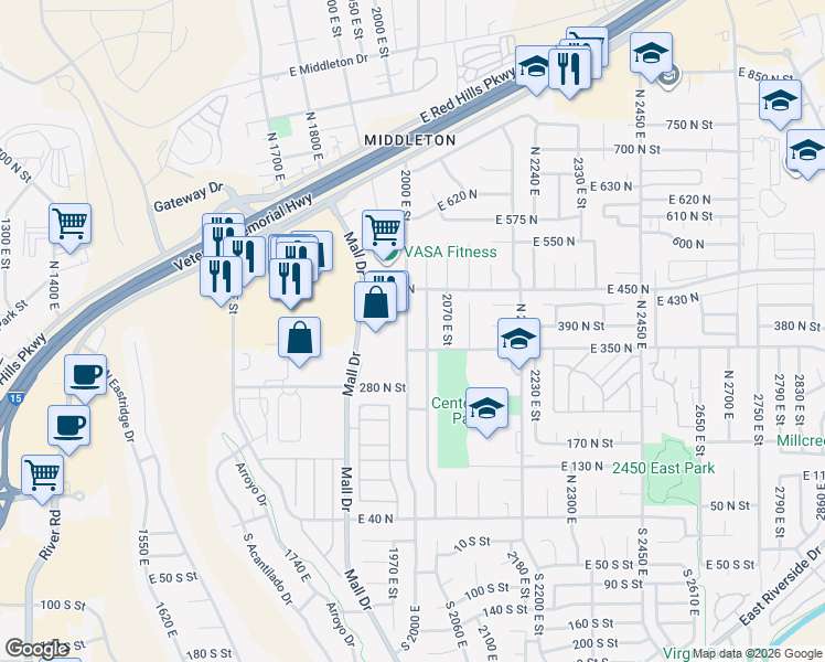 map of restaurants, bars, coffee shops, grocery stores, and more near 384 North 2000 East in St. George