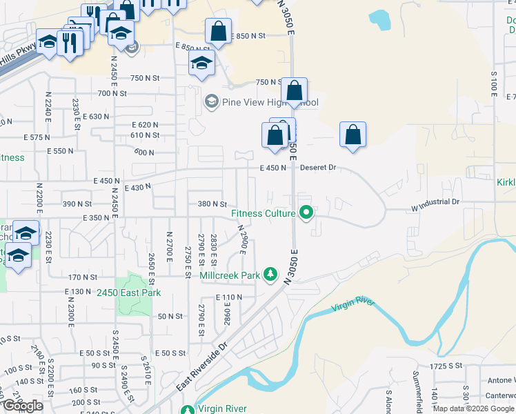map of restaurants, bars, coffee shops, grocery stores, and more near 2930 East 450 North in St. George