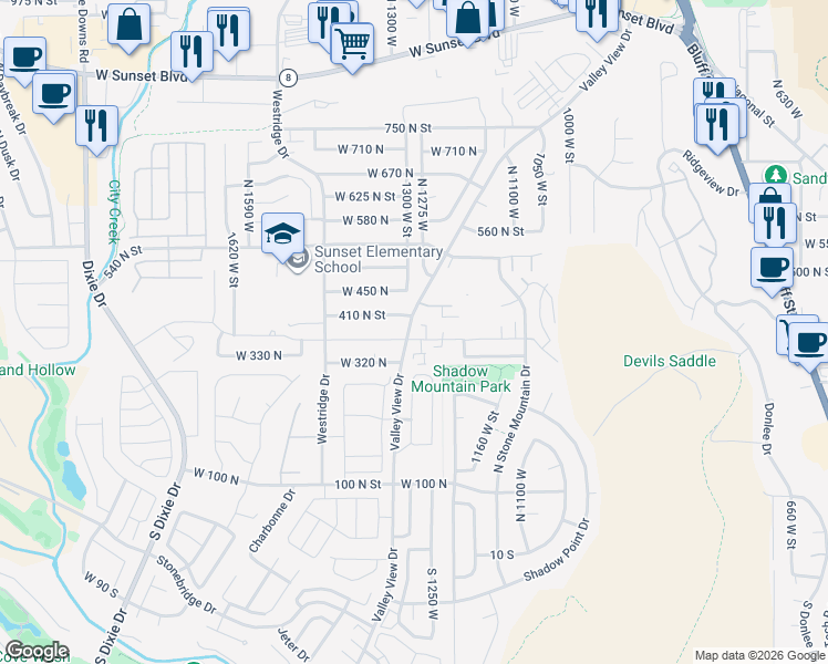 map of restaurants, bars, coffee shops, grocery stores, and more near 1315 West 360 North in St. George