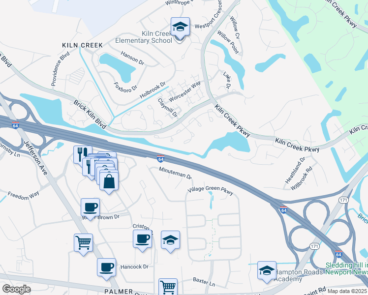 map of restaurants, bars, coffee shops, grocery stores, and more near 2202 Buckingham Green in Newport News