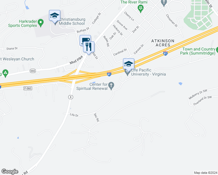 map of restaurants, bars, coffee shops, grocery stores, and more near 980 Life Drive in Christiansburg