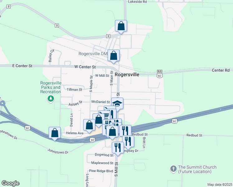 map of restaurants, bars, coffee shops, grocery stores, and more near 203 South Mill Street in Rogersville