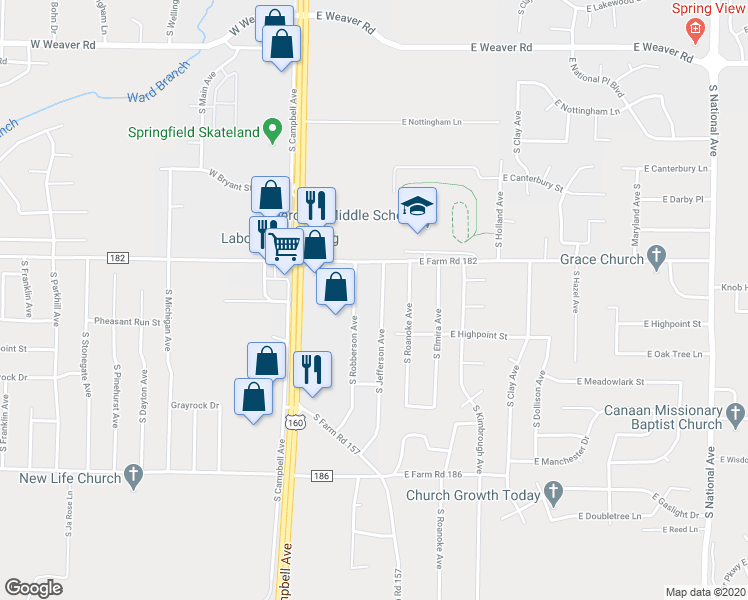 map of restaurants, bars, coffee shops, grocery stores, and more near 5471 South Jefferson Avenue in Springfield