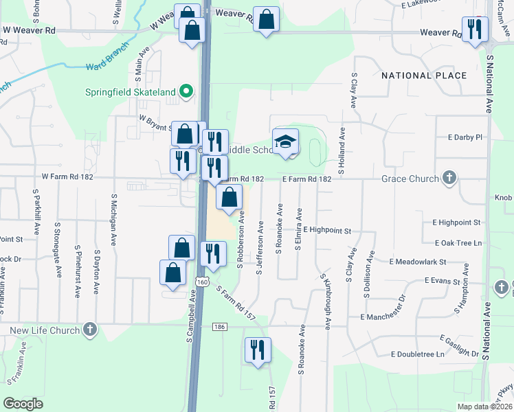 map of restaurants, bars, coffee shops, grocery stores, and more near 5520 South Robberson Avenue in Springfield