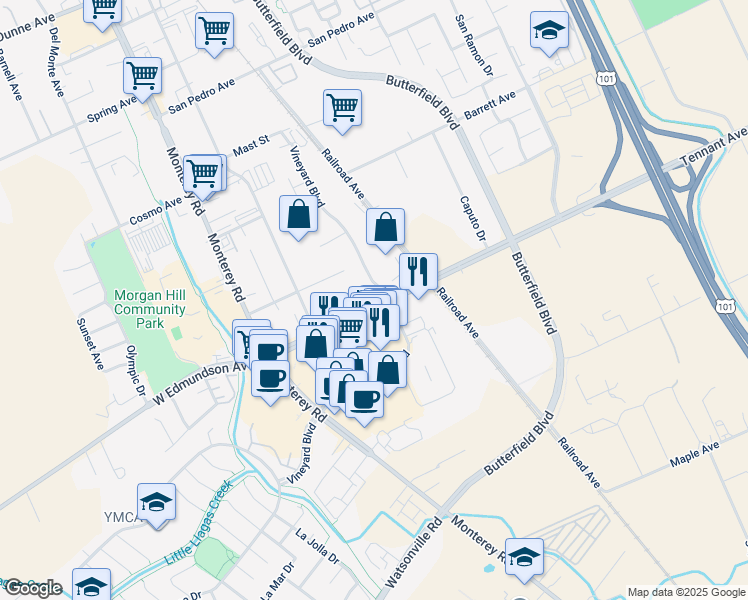 map of restaurants, bars, coffee shops, grocery stores, and more near 406 Tennant Station in Morgan Hill