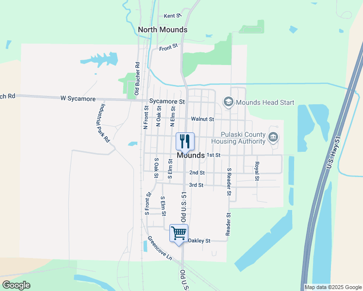 map of restaurants, bars, coffee shops, grocery stores, and more near 350-398 1st Street in Mounds