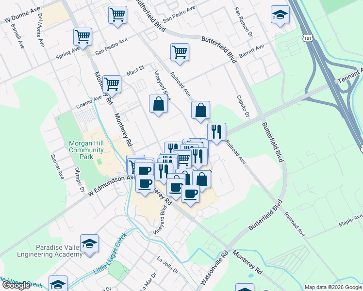 map of restaurants, bars, coffee shops, grocery stores, and more near 215 Tennant Avenue in Morgan Hill