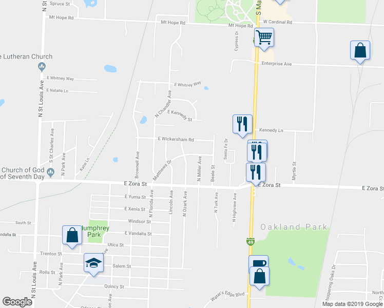 map of restaurants, bars, coffee shops, grocery stores, and more near 2815 Matthews Drive in Joplin