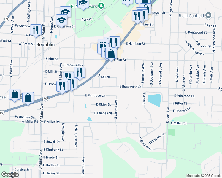 map of restaurants, bars, coffee shops, grocery stores, and more near 565 E Primrose Ln in Republic