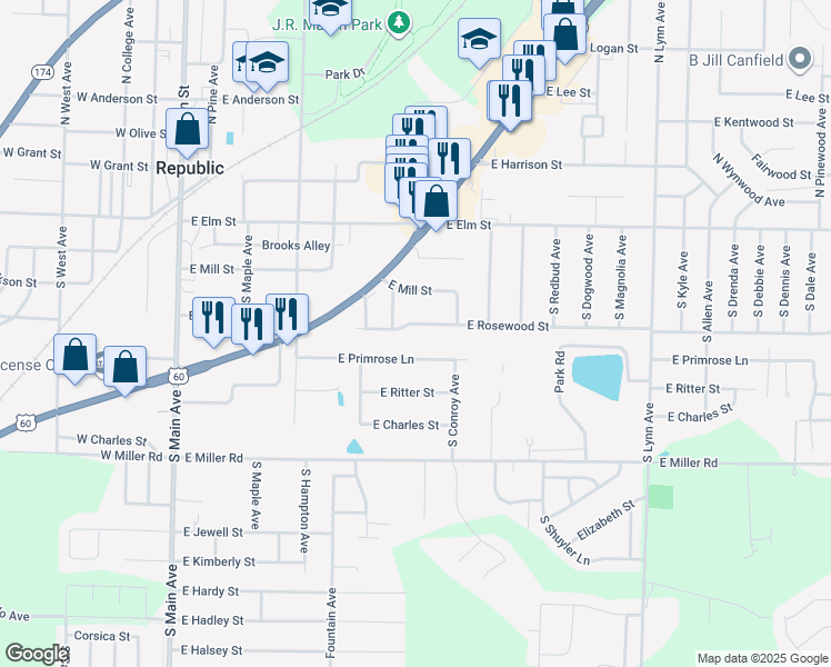 map of restaurants, bars, coffee shops, grocery stores, and more near 565 E Primrose Ln in Republic