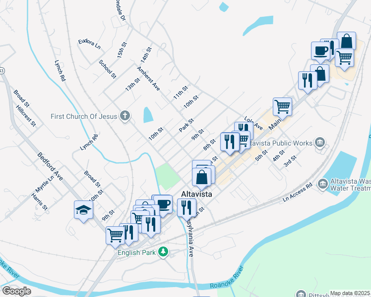 map of restaurants, bars, coffee shops, grocery stores, and more near 901 9th Street in Altavista