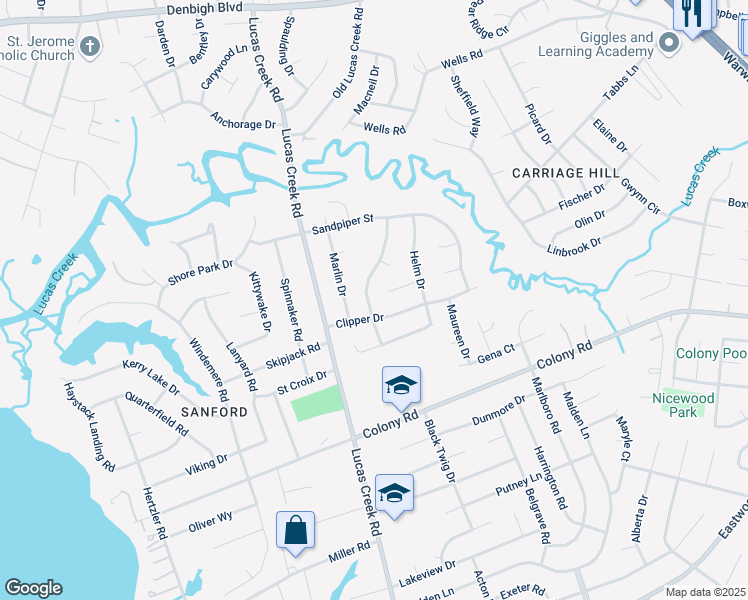 map of restaurants, bars, coffee shops, grocery stores, and more near 572 Windjammer Crescent in Newport News