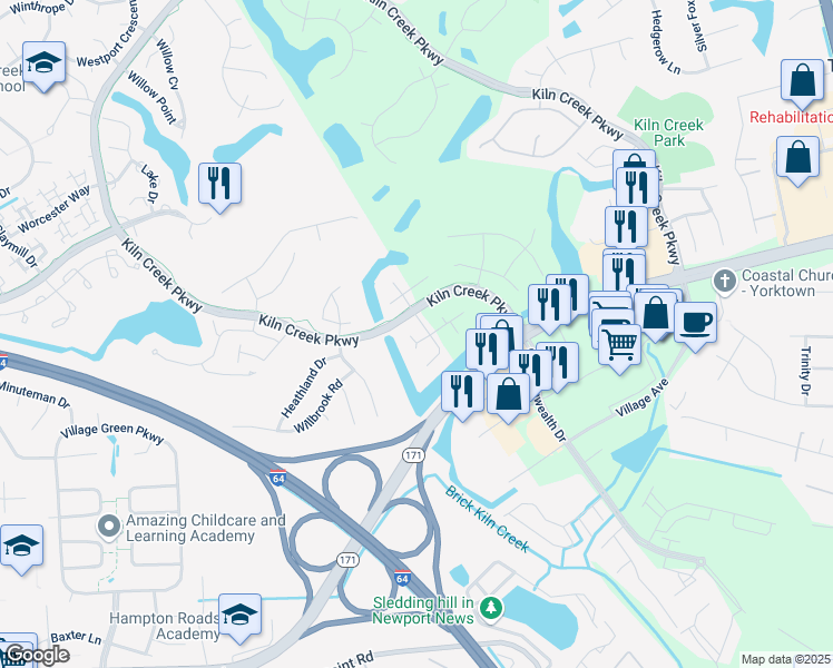 map of restaurants, bars, coffee shops, grocery stores, and more near 730 Broad Bay Cove in Newport News