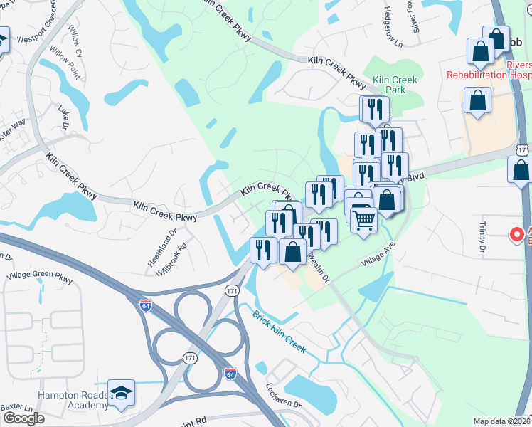 map of restaurants, bars, coffee shops, grocery stores, and more near 719 Anchor Bay Cove in Newport News