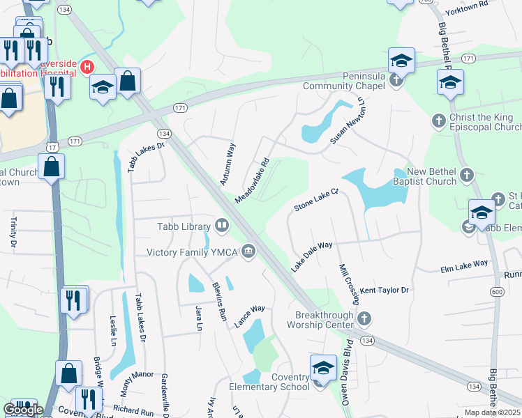 map of restaurants, bars, coffee shops, grocery stores, and more near 202 Murray Way in Yorktown