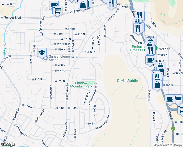 map of restaurants, bars, coffee shops, grocery stores, and more near 11 335 North in St. George