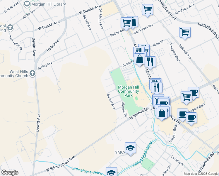 map of restaurants, bars, coffee shops, grocery stores, and more near 411 Denali Drive in Morgan Hill